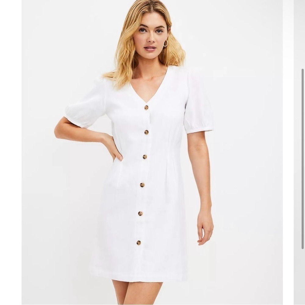 LOFT Petites White Linen Button Front Puff Sleeve Mini Dress 8P
